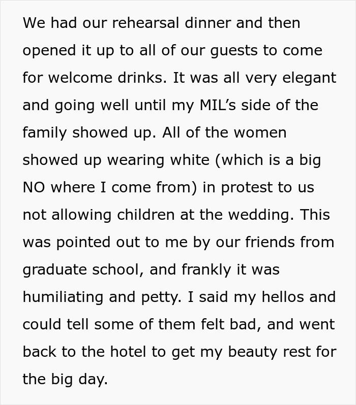 Text describing a wedding rehearsal dinner disrupted by mother-in-law's guests wearing white in protest of no children allowed. Text describing a wedding rehearsal dinner disrupted by mother-in-law's guests wearing white in protest of no children allowed.