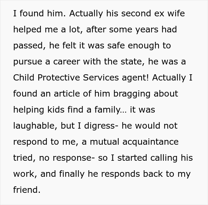 Alt text: Text describing a toxic guy who made his wife and child's life hell, then faced delayed karma years later.