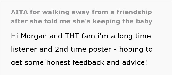Text post about walking away from an irresponsible friend after she reveals she is pregnant, seeking advice. Text post about walking away from an irresponsible friend after she reveals she is pregnant, seeking advice.