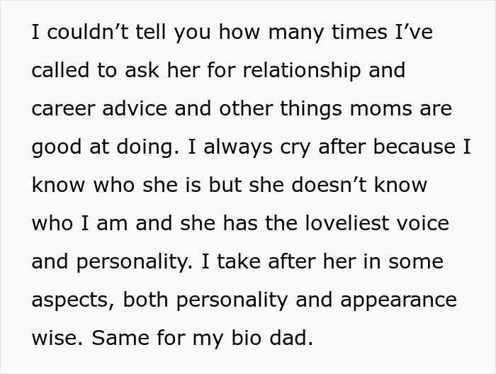 Text excerpt from a woman describing her emotional struggle seeking relationship with her biological family despite adoptive parents' threats. Text excerpt from a woman describing her emotional struggle seeking relationship with her biological family despite adoptive parents' threats.