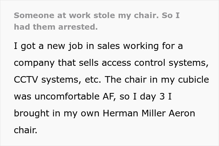 Text excerpt showing a person explaining how they brought their $1.8K office chair to work due to discomfort with the provided one.