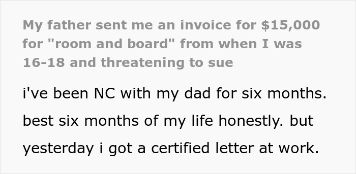Text excerpt about a father charging daughter $15,000 for room and board during her minor years, causing panic.