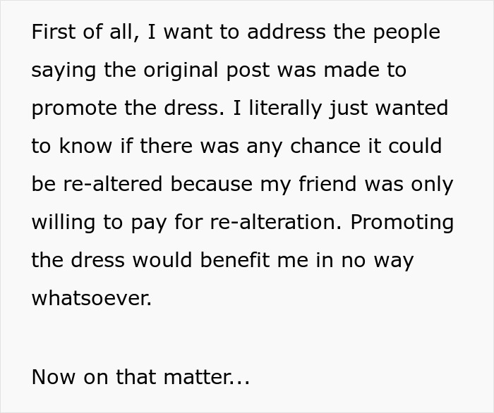 Text discussing refusal to pay for borrowed dress altered without permission and re-alteration concerns.