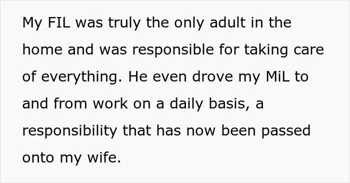 Text excerpt about man supporting in-laws and wife taking over caretaking after FIL's help in household responsibilities. Text excerpt about man supporting in-laws and wife taking over caretaking after FIL's help in household responsibilities.