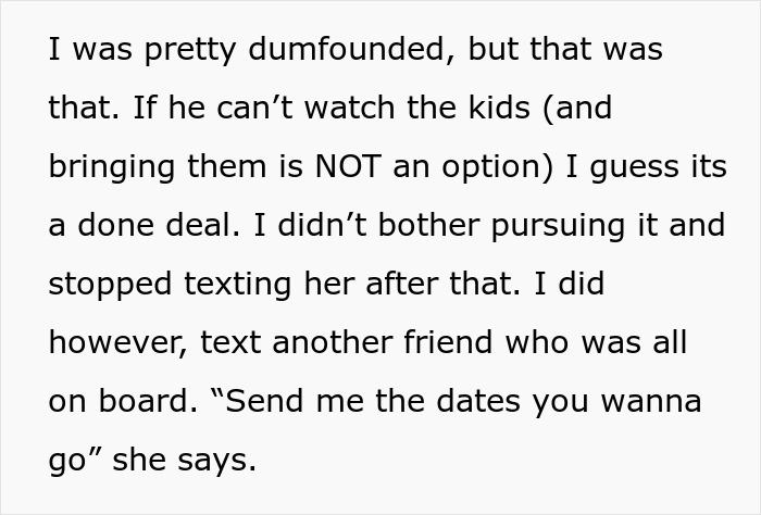 Text message conversation about friend not allowing clingy children on vacation and deciding to text another friend. Text message conversation about friend not allowing clingy children on vacation and deciding to text another friend.