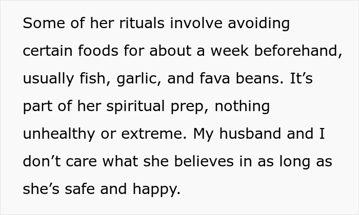 Text about pagan rituals involving avoiding certain foods like fish and garlic as spiritual prep, highlighting family tensions.