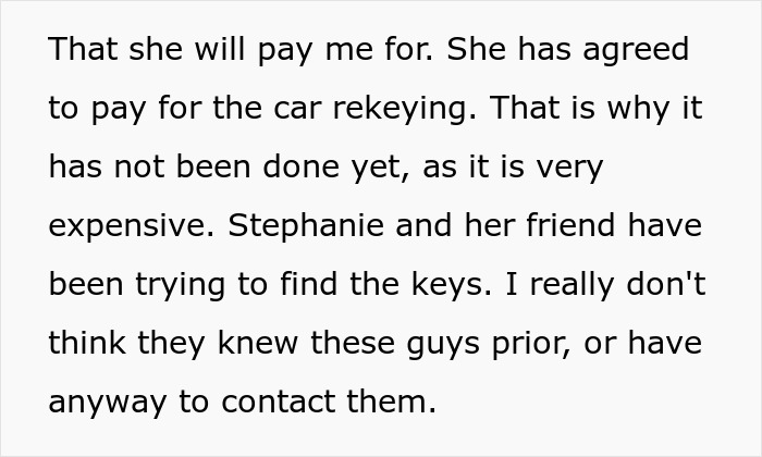 Text message discussing payment for car rekeying after girlfriend secretly went clubbing and lost the car keys. Text message discussing payment for car rekeying after girlfriend secretly went clubbing and lost the car keys.