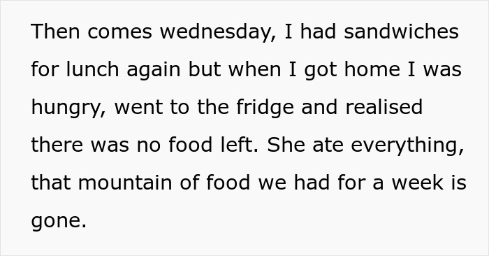Text discussing a man snapping at his girlfriend after she eats all the leftovers, leading to weight gain concerns. Text discussing a man snapping at his girlfriend after she eats all the leftovers, leading to weight gain concerns.