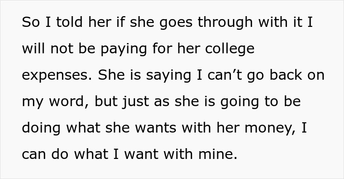 Text discussing a father refusing to pay for college after daughter plans to spend grandpa's inheritance on a BBL. Text discussing a father refusing to pay for college after daughter plans to spend grandpa's inheritance on a BBL.