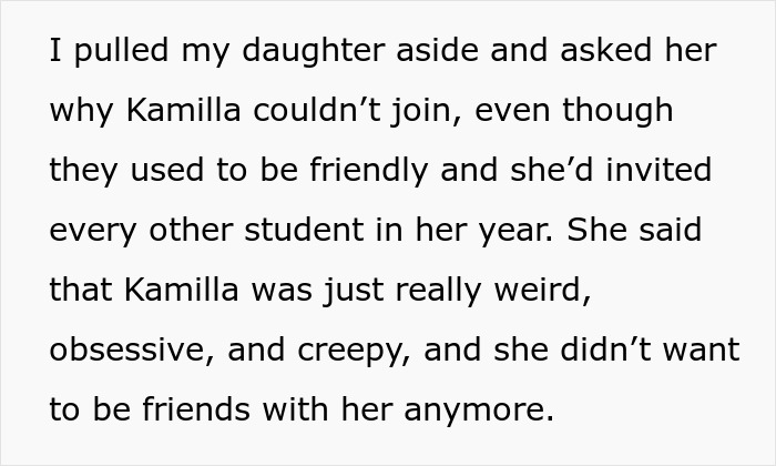 Text excerpt showing a mom confronting her 13-year-old daughter about refusing to invite one girl to a school event. Text excerpt showing a mom confronting her 13-year-old daughter about refusing to invite one girl to a school event.