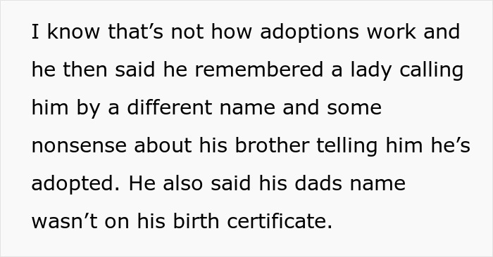 Text excerpt discussing inconsistencies in a man's adoption story uncovered by his wife investigating the truth.
