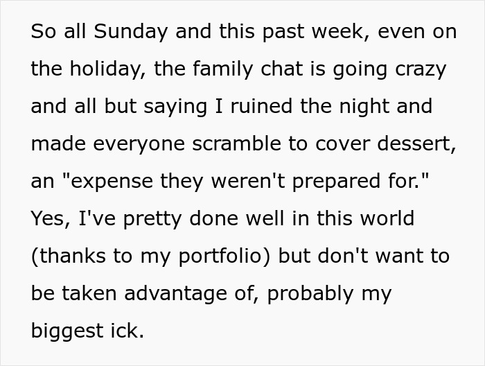 Text from a family chat showing frustration over an unplanned cake expense, highlighting a rich man’s biggest ick.