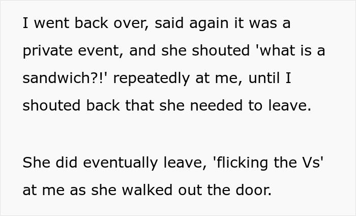 Text excerpt describing an entitled mother causing a scene after being denied entrance at a private party.
