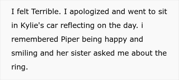 Text excerpt about cousin’s family accusing woman of stealing spotlight by bringing baby and wearing engagement ring. Text excerpt about cousin’s family accusing woman of stealing spotlight by bringing baby and wearing engagement ring.