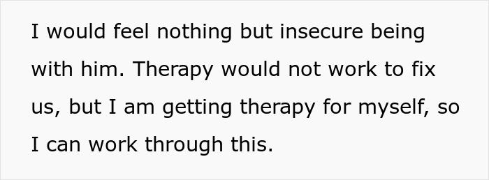 Text excerpt about feeling insecure and seeking therapy after a man cheats while wife is pregnant and postpartum. Text excerpt about feeling insecure and seeking therapy after a man cheats while wife is pregnant and postpartum.