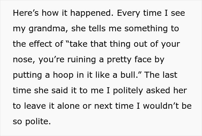 Text excerpt describing a lady's grandma comparing her nose ring to a bull's hoop and the lady's polite response.