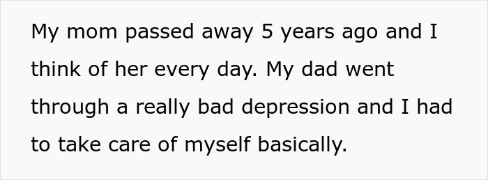 Text on a white background sharing a personal story about losing a mom and dealing with a dad’s depression while self-caring.
