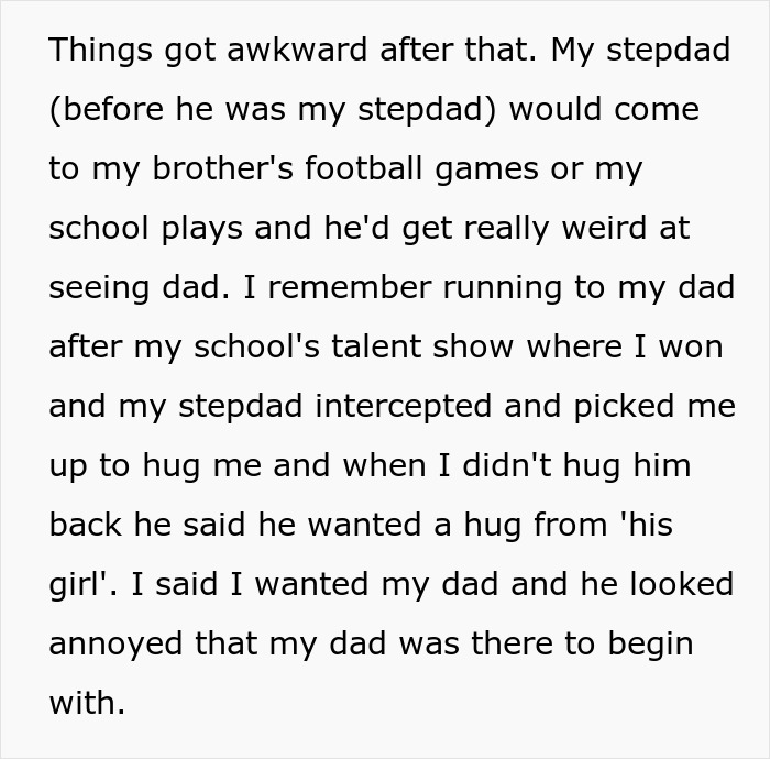 Text excerpt describing a stepdad’s attempts to displace kids’ bio dad, causing awkward and upset family moments. Text excerpt describing a stepdad’s attempts to displace kids’ bio dad, causing awkward and upset family moments.