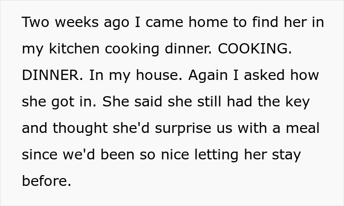 Text describing a sister cooking dinner at her boyfriend’s house after being given a secret key by her brother.