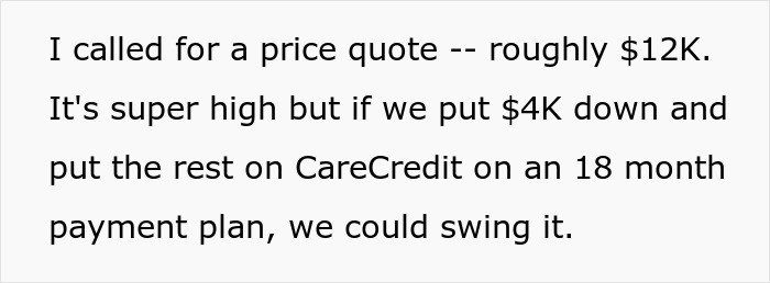 Text showing a $12K nose job price quote with payment plan options, illustrating choosing nose job over kids college funds. Text showing a $12K nose job price quote with payment plan options, illustrating choosing nose job over kids college funds.