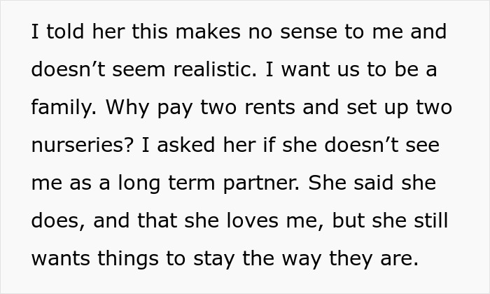 Text message discussing concerns about pregnant girlfriend refusing to move together and maintain current living arrangements.