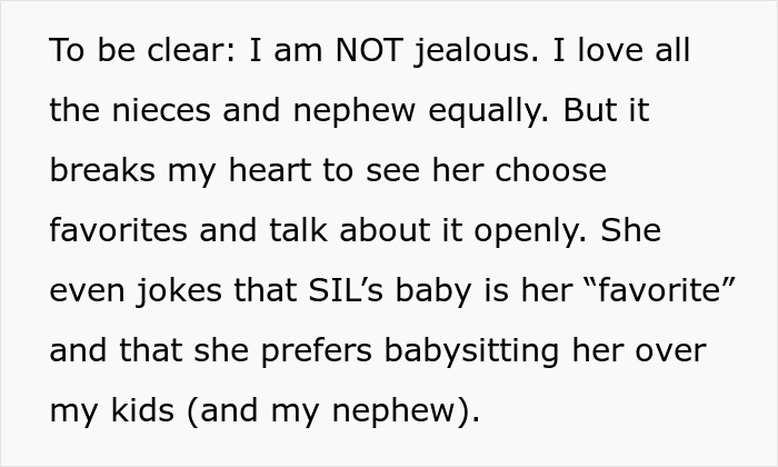 Text excerpt showing a mother upset as MIL admits to having a favorite grandchild and treating others like burdens. Text excerpt showing a mother upset as MIL admits to having a favorite grandchild and treating others like burdens.