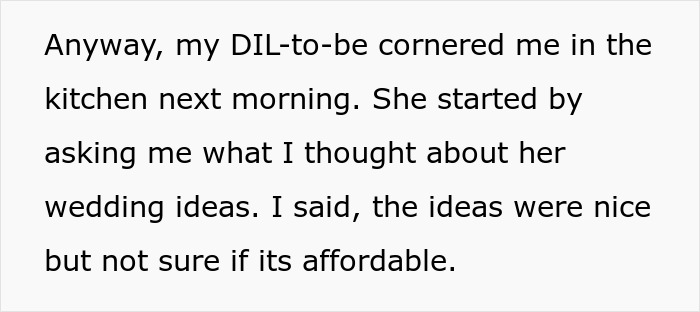 Text excerpt about future daughter-in-law discussing an $80,000 wedding and wealthy in-laws requesting a prenup. Text excerpt about future daughter-in-law discussing an $80,000 wedding and wealthy in-laws requesting a prenup.
