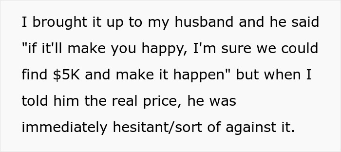 Text on a white background discussing hesitation about spending $5K on a nose job instead of kids college funds. Text on a white background discussing hesitation about spending $5K on a nose job instead of kids college funds.
