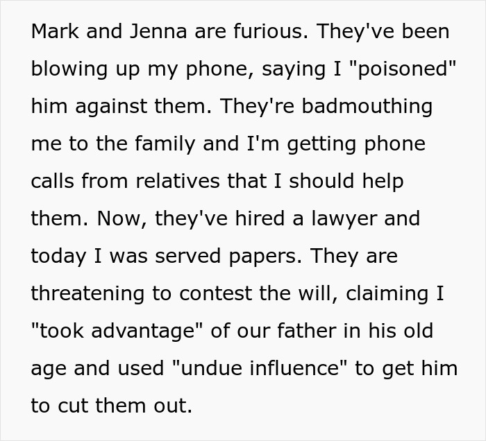 Alt text: Entitled siblings rage after learning dad cut them from will, alleging undue influence and contesting the inheritance legally. Alt text: Entitled siblings rage after learning dad cut them from will, alleging undue influence and contesting the inheritance legally.