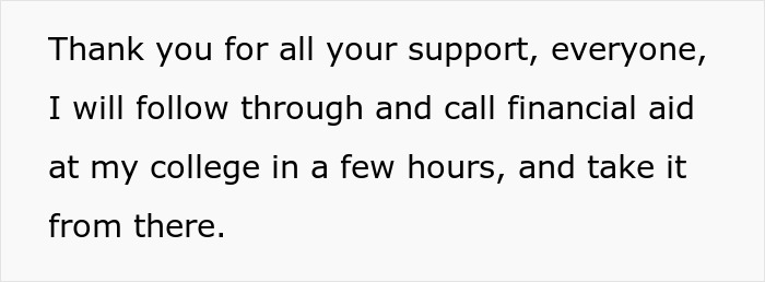 Text about following through with college financial aid, referencing mom, affair, and dad regarding college money. Text about following through with college financial aid, referencing mom, affair, and dad regarding college money.