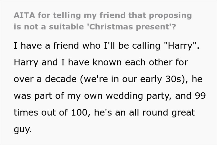 Text excerpt discussing a man who thinks his proposal counts as a Christmas gift and faces a reality check. Text excerpt discussing a man who thinks his proposal counts as a Christmas gift and faces a reality check.