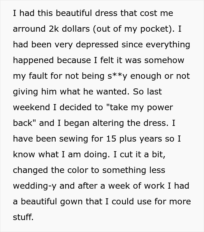 Woman sharing how she remade her wedding dress instead of giving it away, using her sewing skills to alter it.