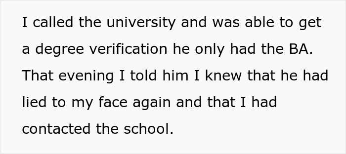 Text about a man lying about his master's degree and his wife verifying his actual bachelor's degree with the university.