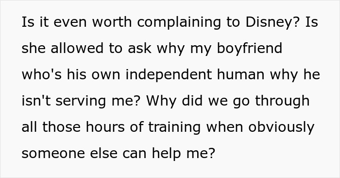 Text excerpt about Disneyland security questioning a disabled woman bringing a service dog despite having a boyfriend who is not serving her. Text excerpt about Disneyland security questioning a disabled woman bringing a service dog despite having a boyfriend who is not serving her.