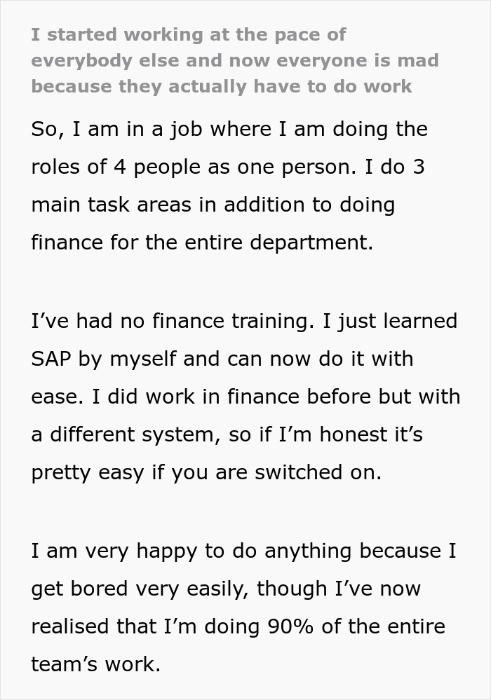 Text excerpt showing an employee describing doing the roles of 4 people and handling multiple tasks including finance without formal training.