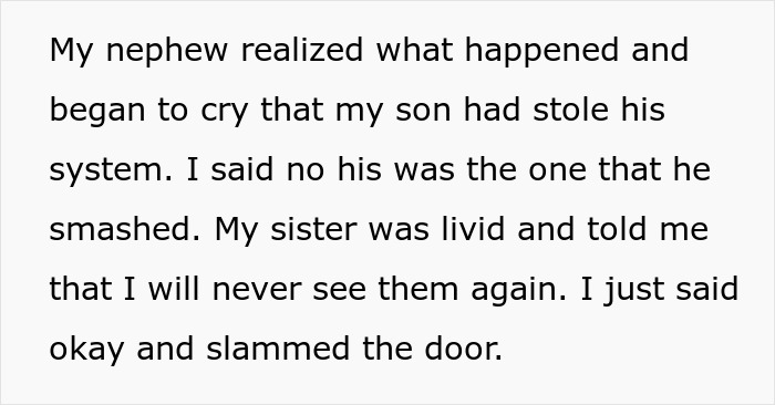 Text excerpt showing a woman took back nephew’s Christmas gift, causing family tension and a slammed door.