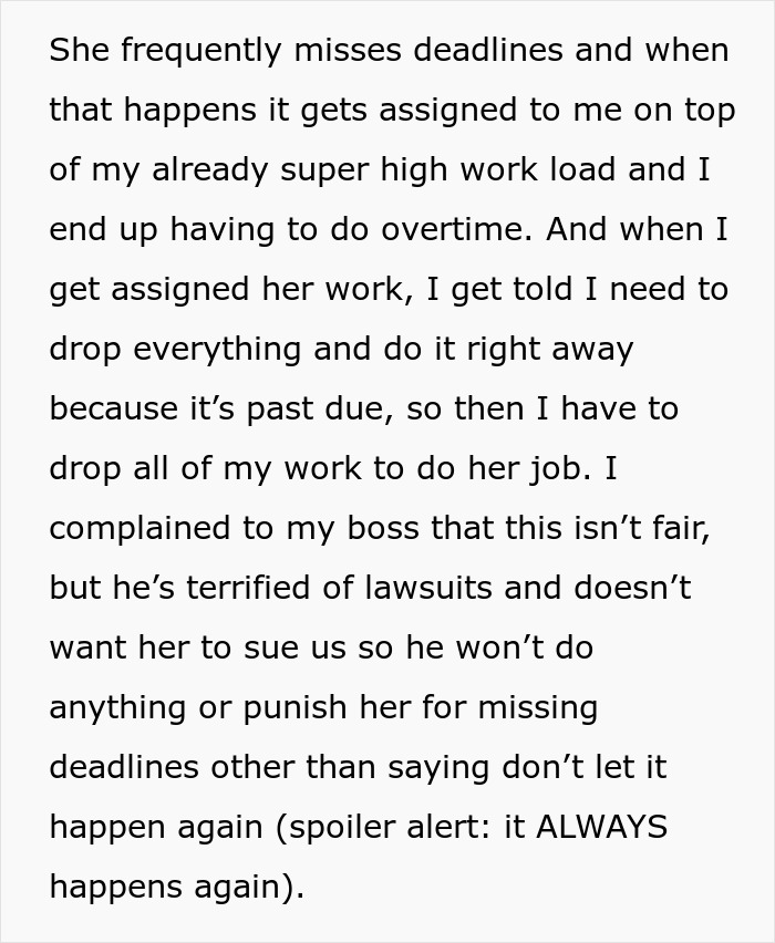 Alt text: Woman struggles with coworker missed deadlines causing overtime and added workload in a stressful office environment. Alt text: Woman struggles with coworker missed deadlines causing overtime and added workload in a stressful office environment.