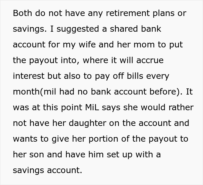 Text discussing a man supporting his in-laws and issues with the mother-in-law cutting his wife out of the will. Text discussing a man supporting his in-laws and issues with the mother-in-law cutting his wife out of the will.