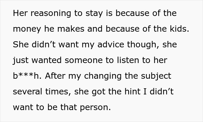 Text discussing a friend’s reasoning involving money and children, reflecting on clingy children and vacation issues. Text discussing a friend’s reasoning involving money and children, reflecting on clingy children and vacation issues.