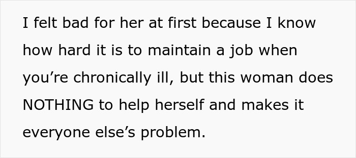 Text about woman eating what she shouldn’t and how her coworker ends up paying the price at work.