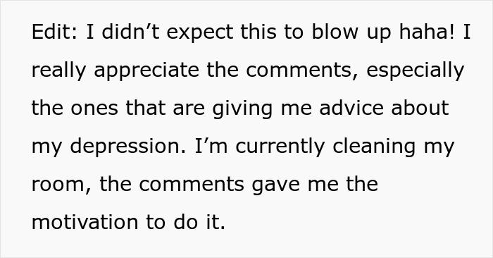 Text post showing a person sharing their experience with depression and how comments motivated them to clean their room.