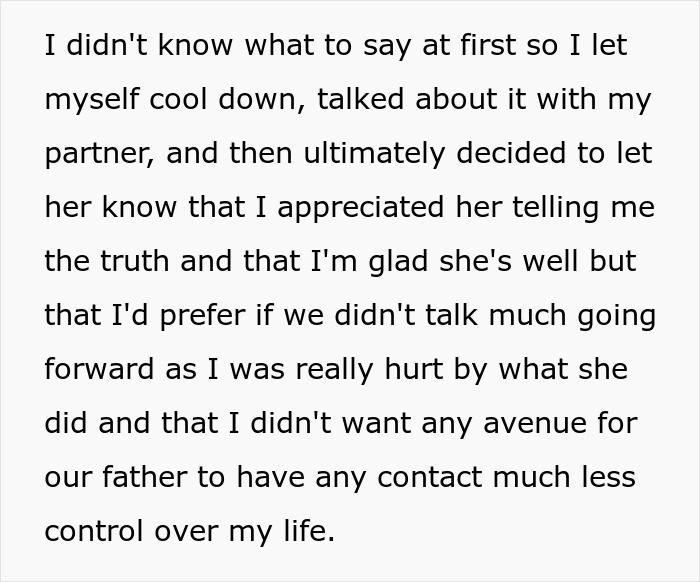 Text excerpt about a late half-sister lying to get dad's support with medical bills, shocking a woman years later. Text excerpt about a late half-sister lying to get dad's support with medical bills, shocking a woman years later.