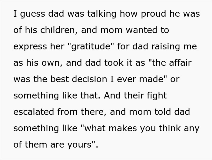 Text excerpt showing a tense conversation involving mom, dad, an affair, and college money related to family conflict. Text excerpt showing a tense conversation involving mom, dad, an affair, and college money related to family conflict.