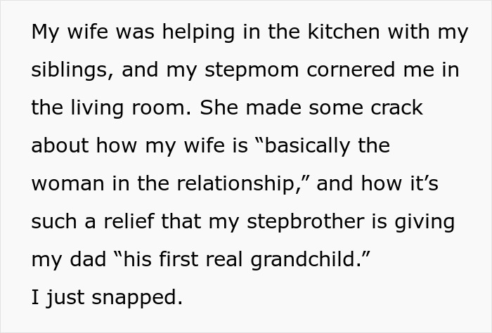 Text about a family conflict during Thanksgiving after a woman makes insensitive comments about stepdaughter’s sexuality. Text about a family conflict during Thanksgiving after a woman makes insensitive comments about stepdaughter’s sexuality.