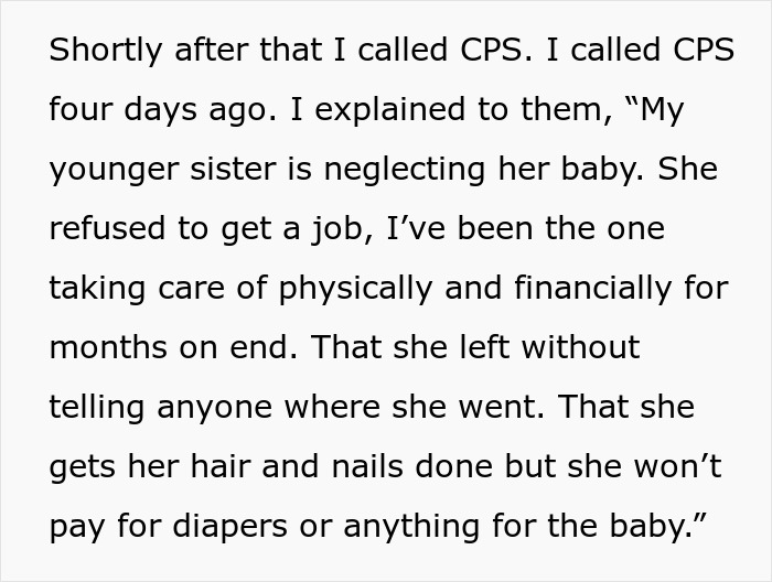 Text excerpt about a teen neglecting her baby, prompting her 18-year-old sister to call CPS for parental responsibility issues. Text excerpt about a teen neglecting her baby, prompting her 18-year-old sister to call CPS for parental responsibility issues.