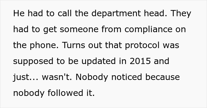 Text excerpt about updated protocol ignored causing the entire office to shut down for a day by the book compliance issue. Text excerpt about updated protocol ignored causing the entire office to shut down for a day by the book compliance issue.