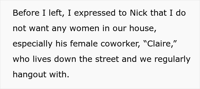 Text on a white background describing a woman setting boundaries about women in the house related to boyfriend cheating on vacation.