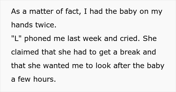 Text excerpt describing sibling refusing newborn nephew care and asking for a break from babysitting duties. Text excerpt describing sibling refusing newborn nephew care and asking for a break from babysitting duties.
