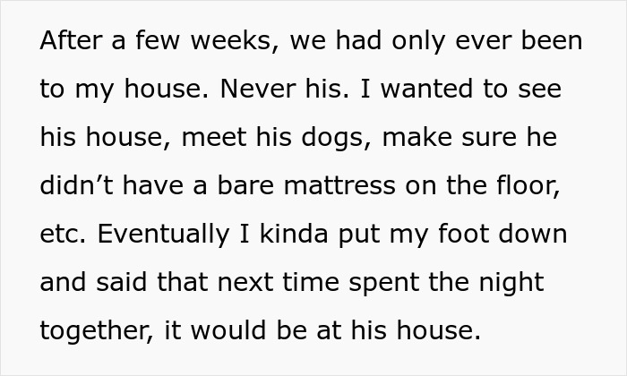 Text excerpt from story about woman deciding to spend the night at boyfriend’s house before exposing the cheaters. Text excerpt from story about woman deciding to spend the night at boyfriend’s house before exposing the cheaters.