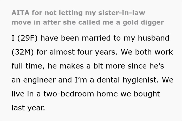 Text excerpt about woman refusing homeless sister-in-law to move in after being called a gold digger, discussing family conflict. Text excerpt about woman refusing homeless sister-in-law to move in after being called a gold digger, discussing family conflict.